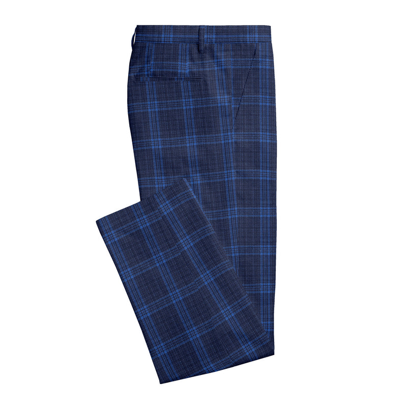 Image of a Blue & Sky-Blue Worsted Checks Merino Wool Pants Fabric