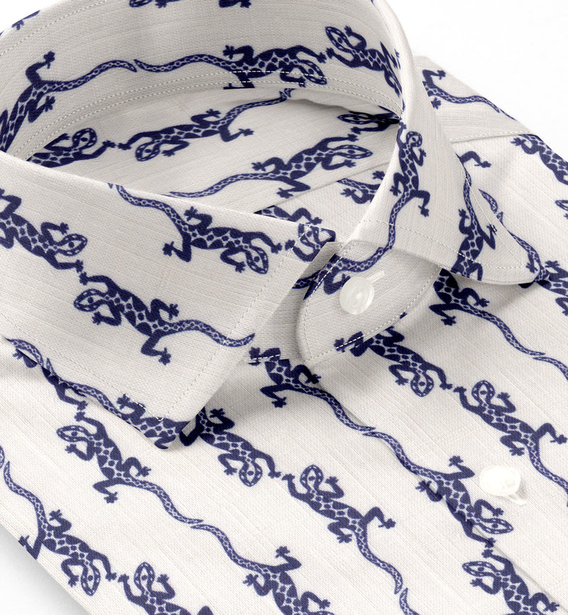 Image of a White & Navy-Blue End on End Prints Cotton Linen Blend Shirting Fabric