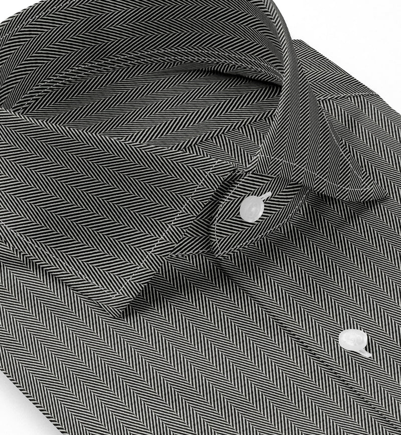 Image of a Black & White Herringbone Micropattern Giza Cotton Shirting Fabric