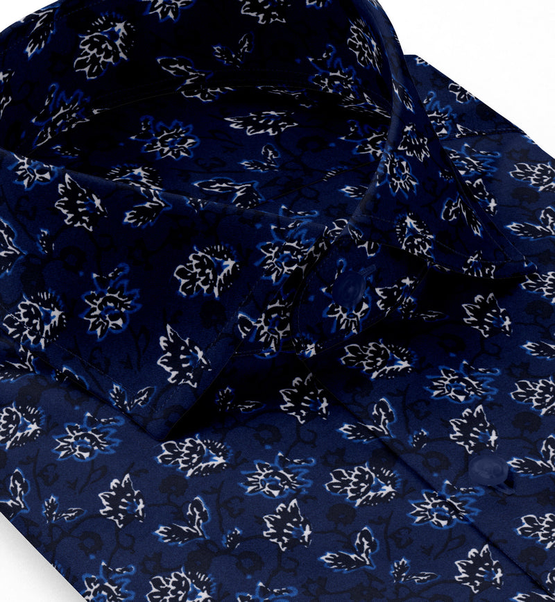 Image of a Blue & Black Satin Prints Giza Cotton Shirting Fabric