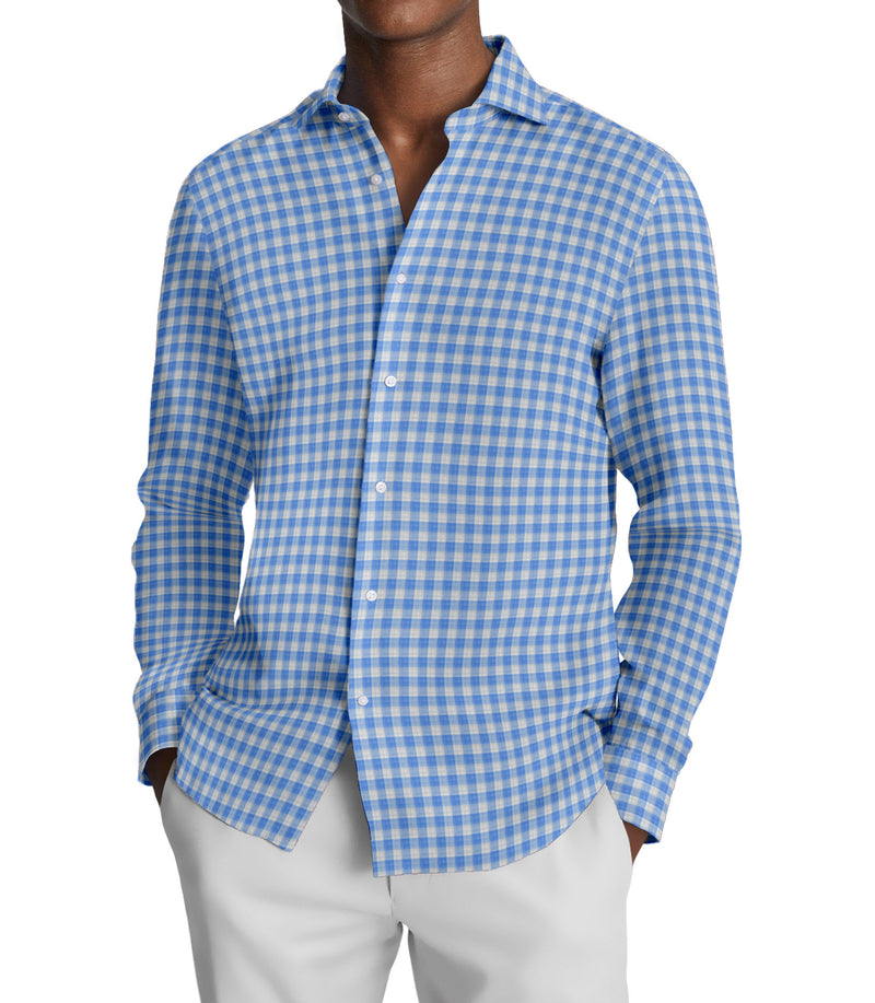 Image of a Blue & White Oxford Checks Cotton Linen Blend Shirting Fabric