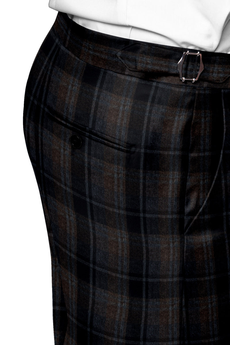 Image of a Brown & Navy-Blue Flannel Checks Merino Wool Pants Fabric