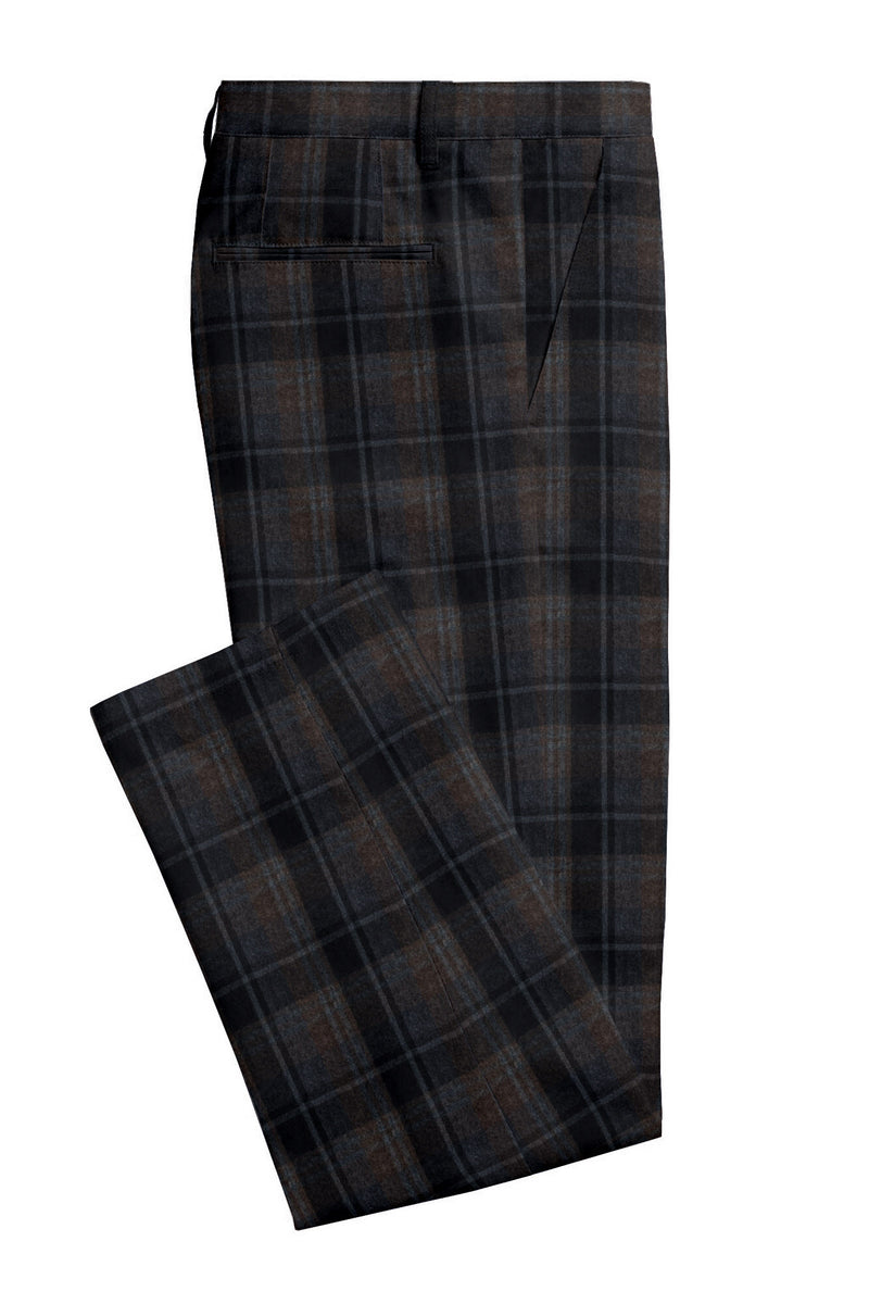 Image of a Brown & Navy-Blue Flannel Checks Merino Wool Pants Fabric