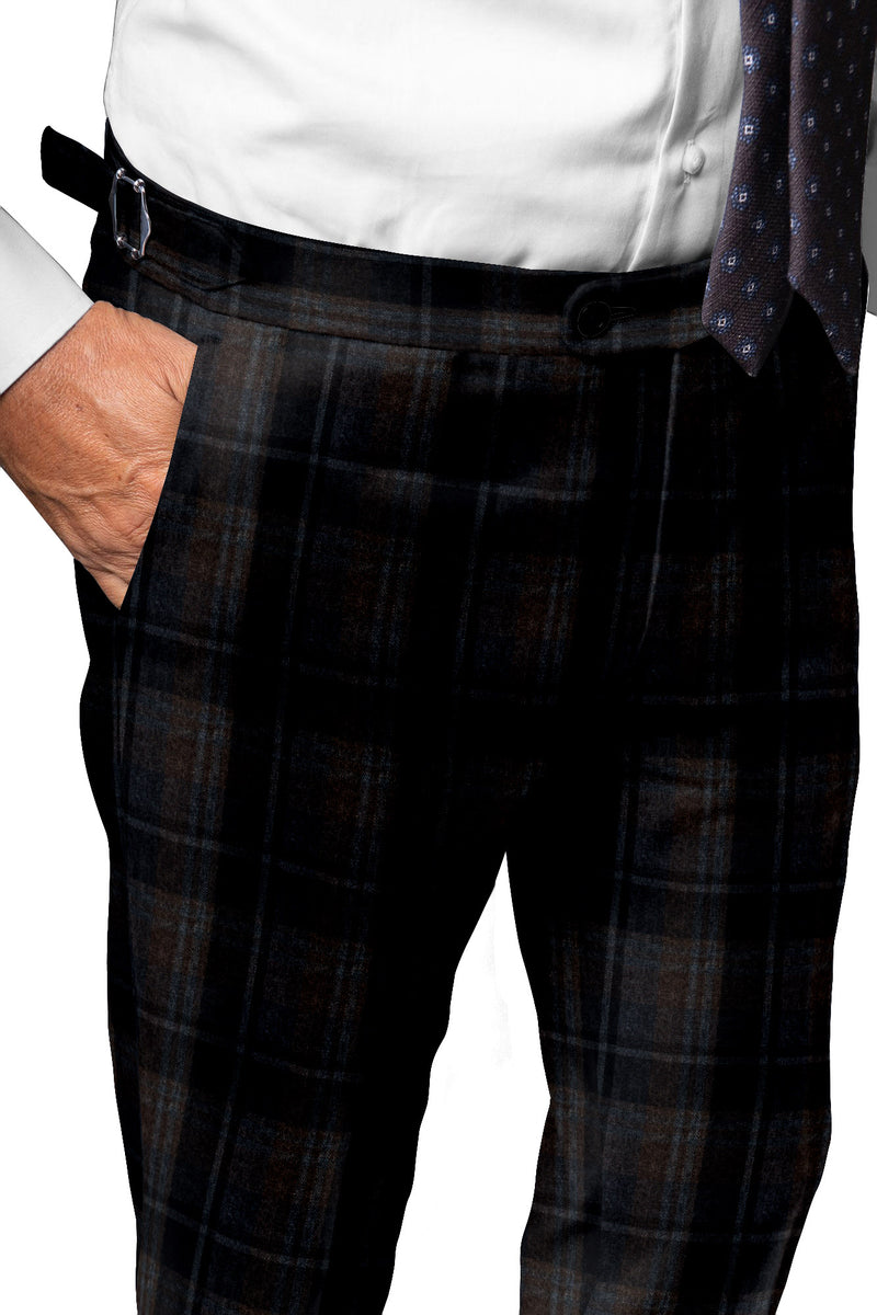 Image of a Brown & Navy-Blue Flannel Checks Merino Wool Pants Fabric