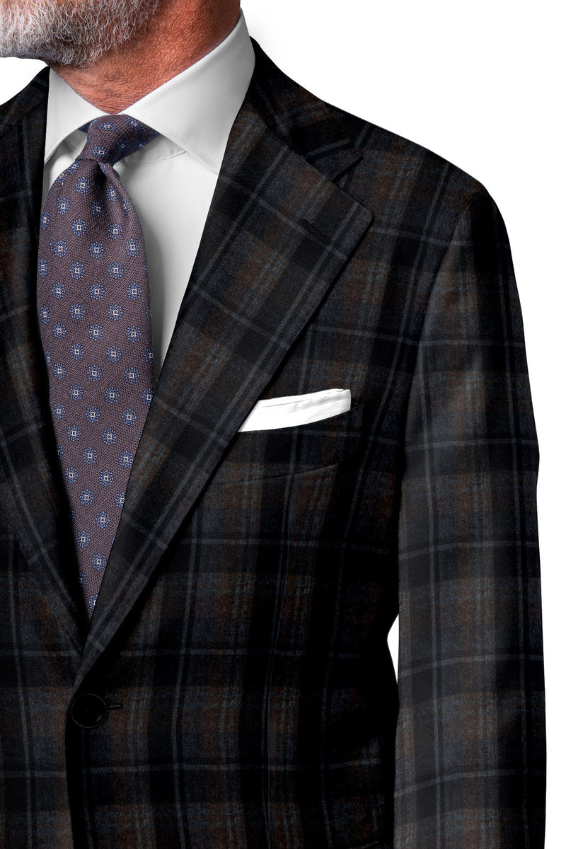 Image of a Brown & Navy-Blue Flannel Checks Merino Wool Suiting Fabric