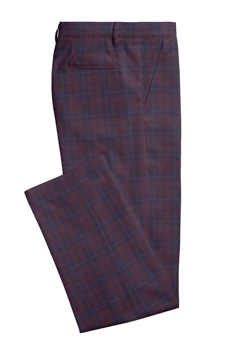 Image of a Burgundy & Navy-Blue Worsted Checks Merino Wool Pants Fabric