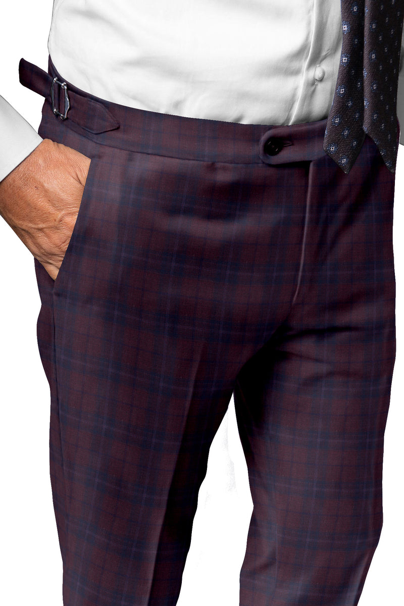 Image of a Burgundy & Navy-Blue Worsted Checks Merino Wool Pants Fabric