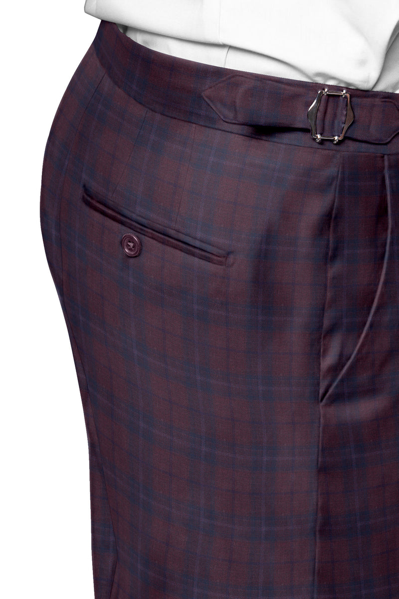 Image of a Burgundy & Navy-Blue Worsted Checks Merino Wool Pants Fabric