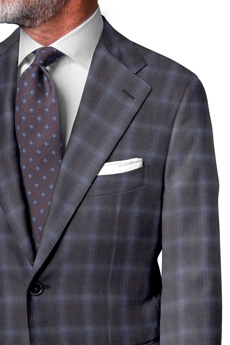 Image of a Grey & Blue Worsted Checks Merino Wool Suiting Fabric