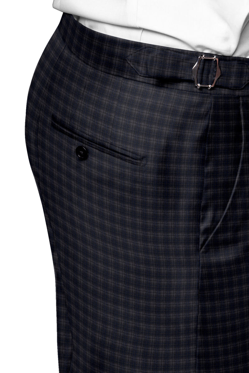 Image of a Grey & Mid-Blue Worsted Checks Merino Wool Pants Fabric