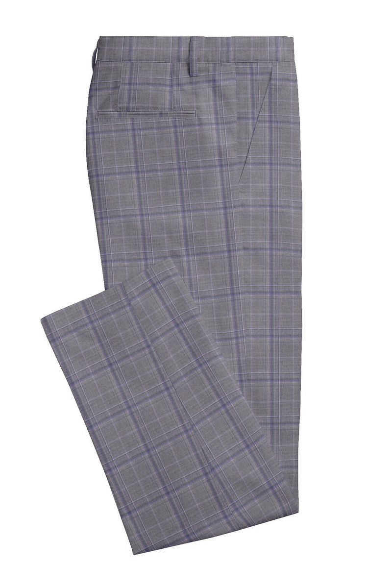 Image of a Grey & Purple Worsted Checks Merino Wool Pants Fabric