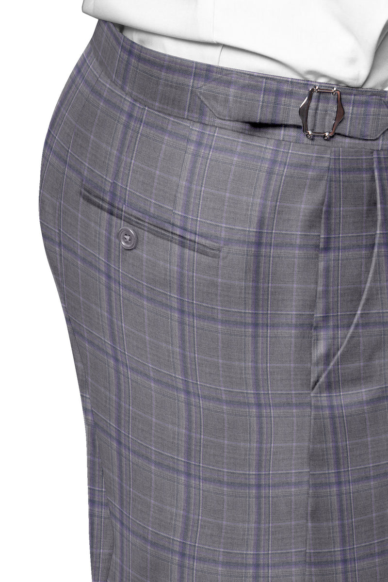 Image of a Grey & Purple Worsted Checks Merino Wool Pants Fabric