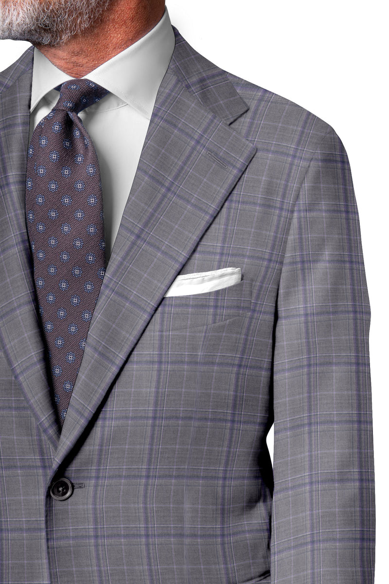Image of a Grey & Purple Worsted Checks Merino Wool Suiting Fabric