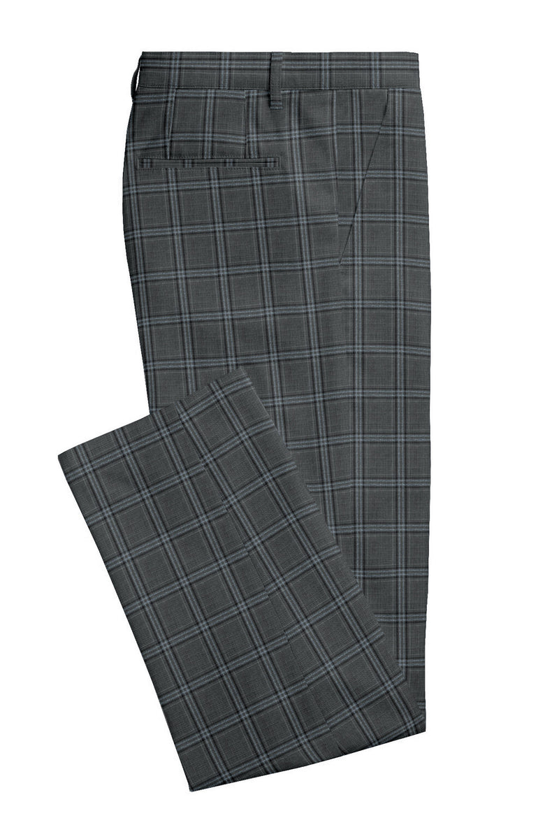 Image of a Grey & Silver Worsted Checks Merino Wool Pants Fabric