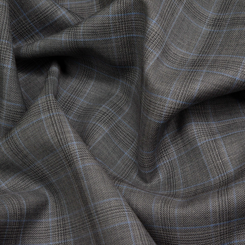 Image of a Grey & Sky-Blue Worsted Checks Merino Wool Pants Fabric