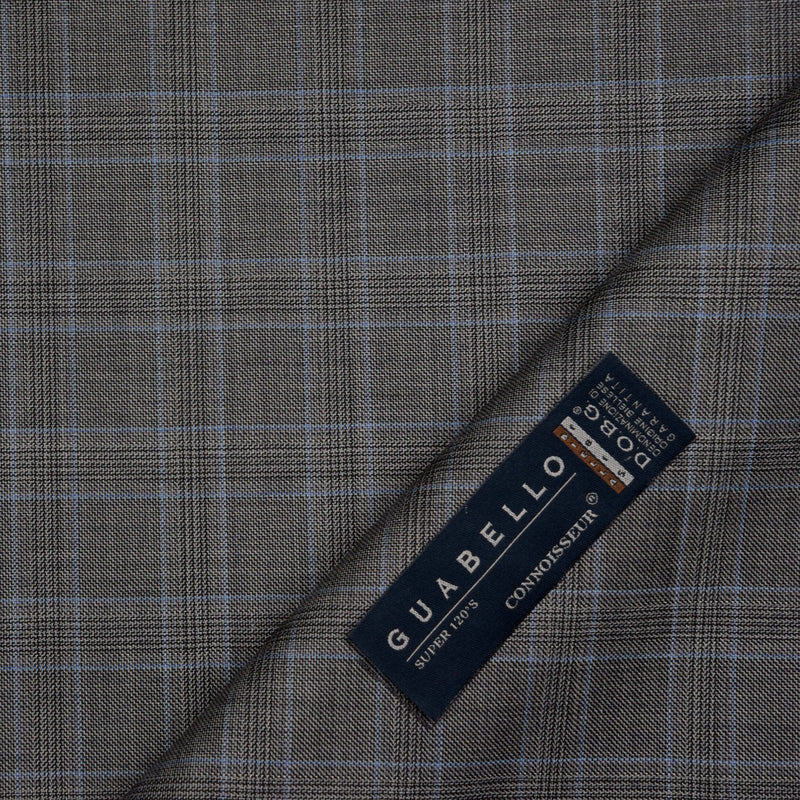 Image of a Grey & Sky-Blue Worsted Checks Merino Wool Suiting Fabric