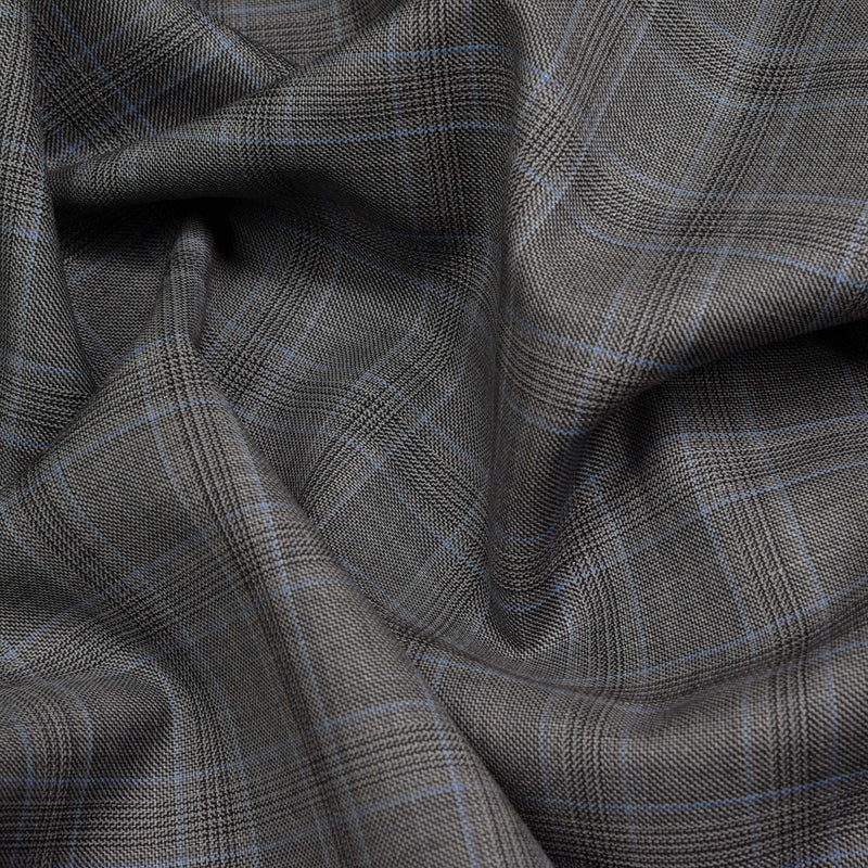 Image of a Grey & Sky-Blue Worsted Checks Merino Wool Suiting Fabric