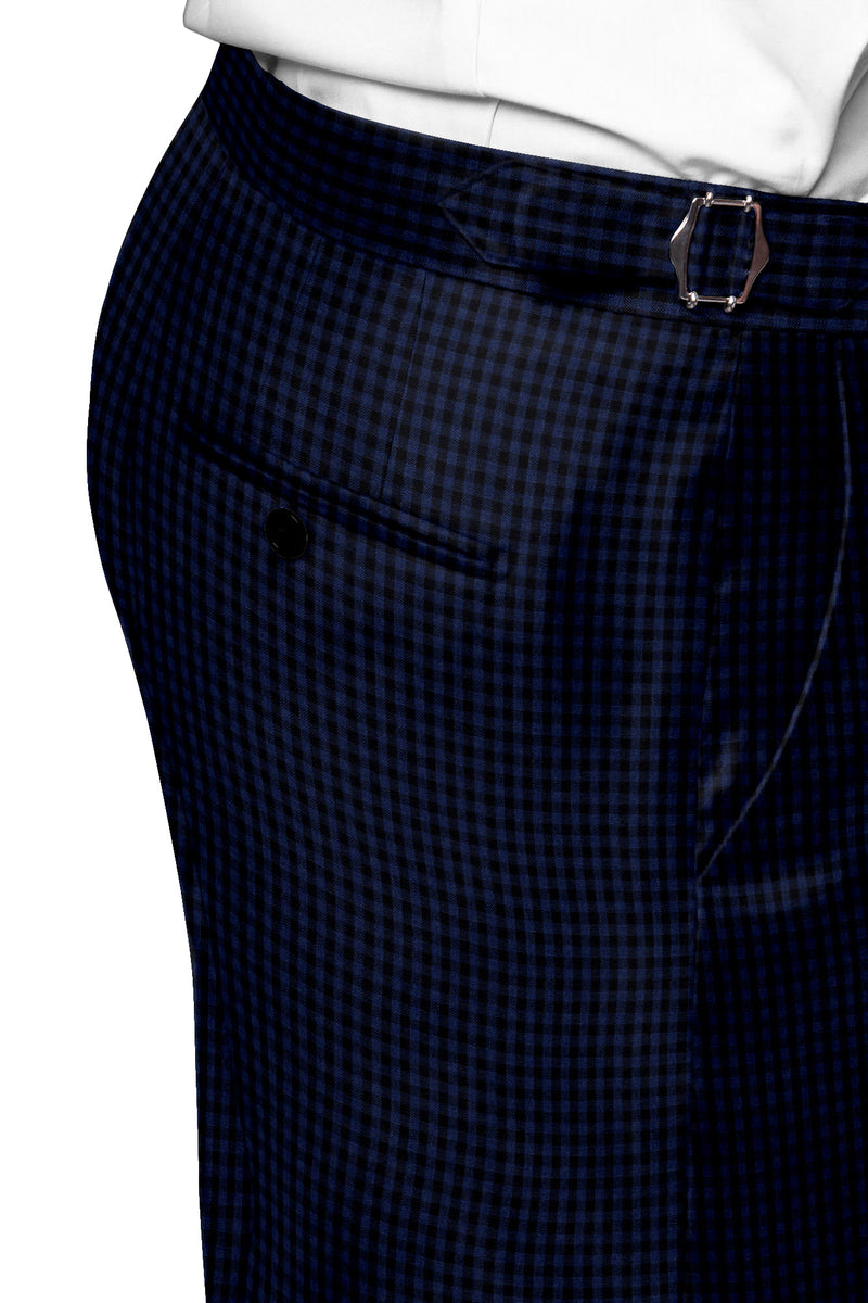 Image of a Mid-Blue & Black Worsted Checks Merino Wool Pants Fabric