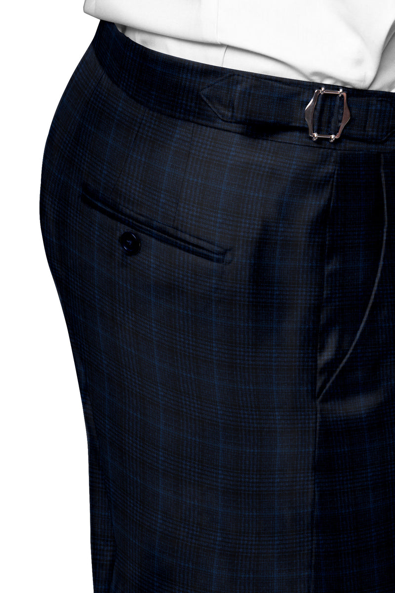 Image of a Midnight-Blue & Green Worsted Checks Merino Wool Pants Fabric