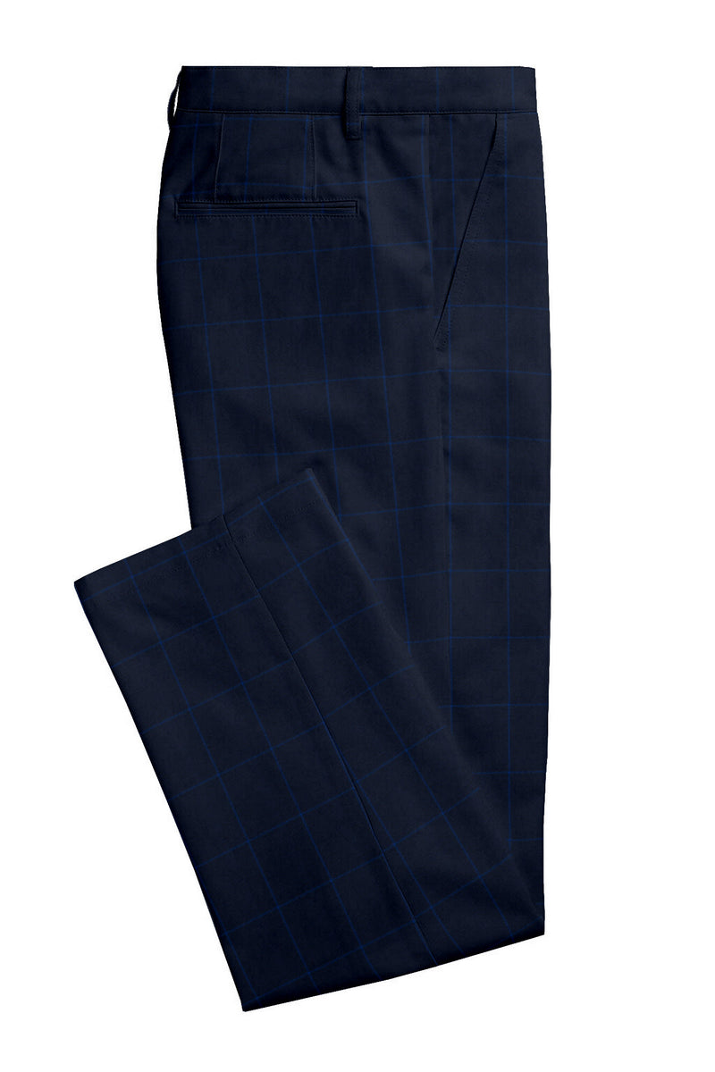 Image of a Navy-Blue & Blue Worsted Checks Merino Wool Pants Fabric