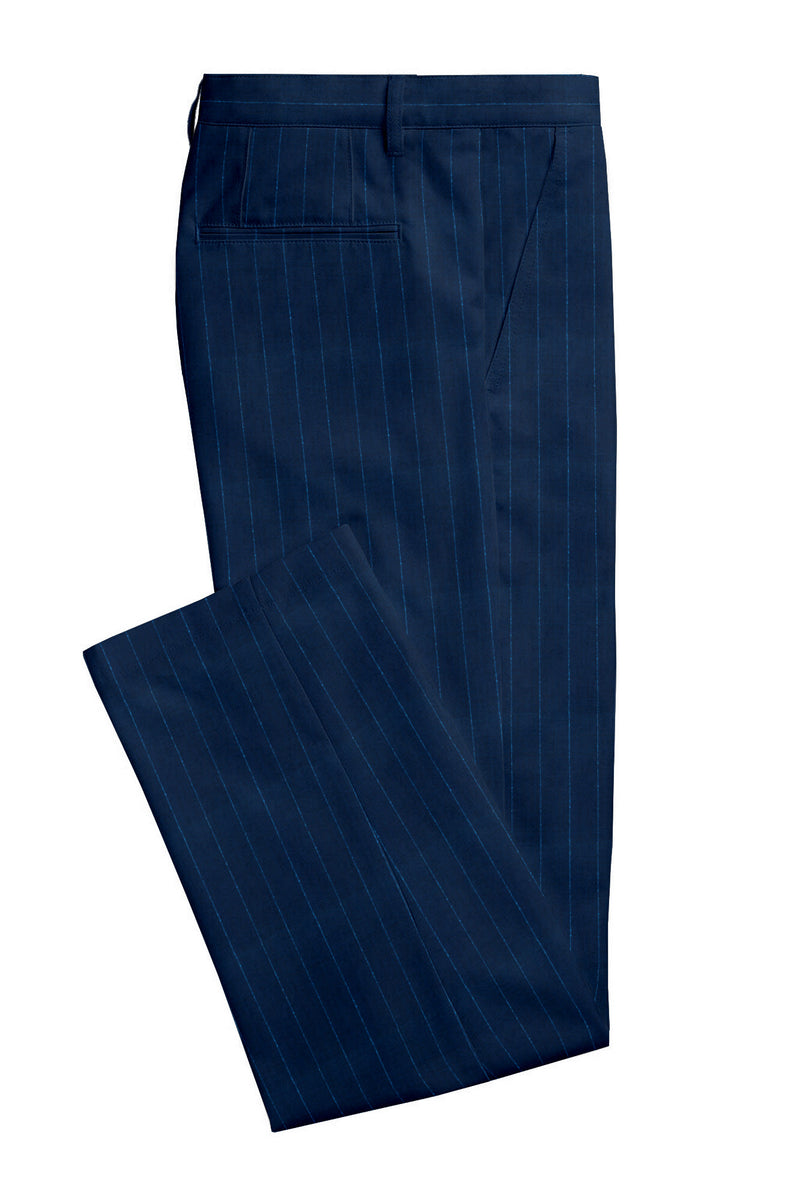 Image of a Navy-Blue & Blue Worsted Stripes Merino Wool Pants Fabric