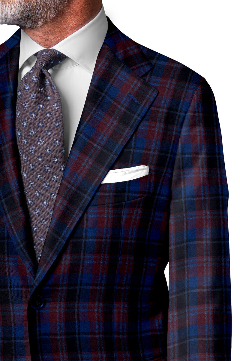 Image of a Navy-Blue & Burgundy Flannel Checks Merino Wool Suiting Fabric