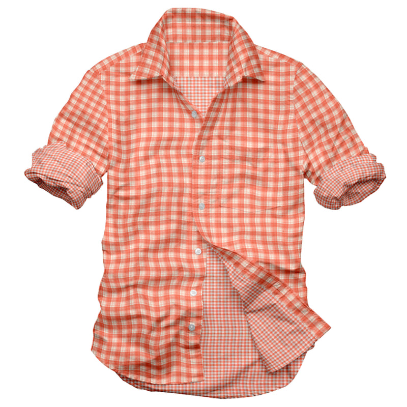 Image of a Orange & White Oxford Checks Cotton Linen Blend Shirting Fabric