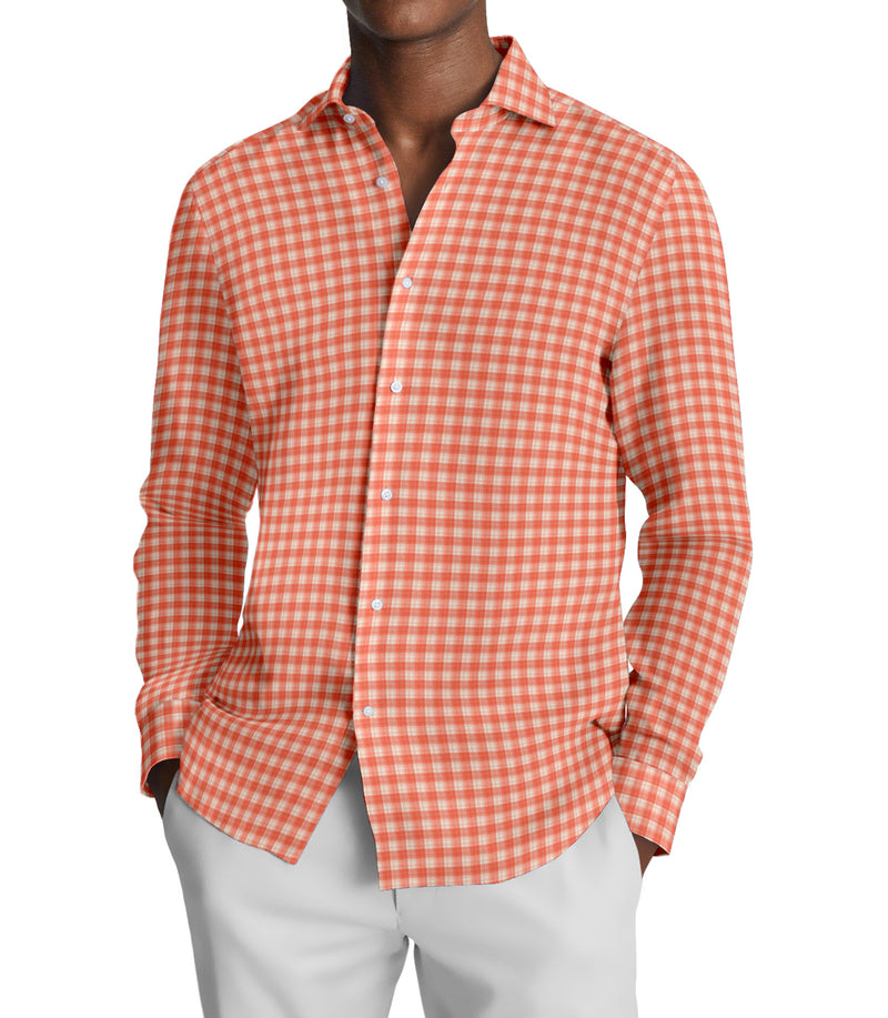 Image of a Orange & White Oxford Checks Cotton Linen Blend Shirting Fabric