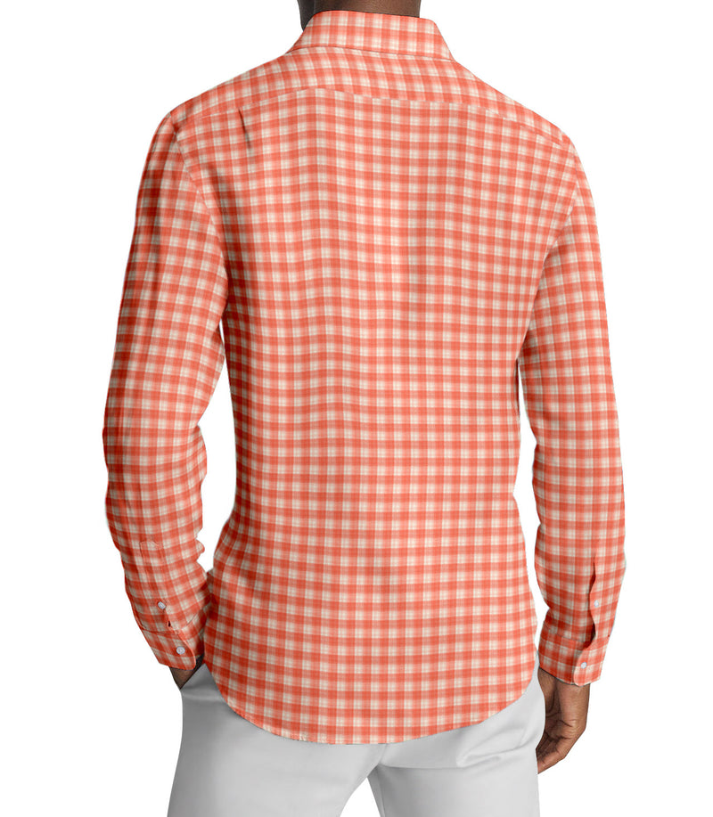 Image of a Orange & White Oxford Checks Cotton Linen Blend Shirting Fabric