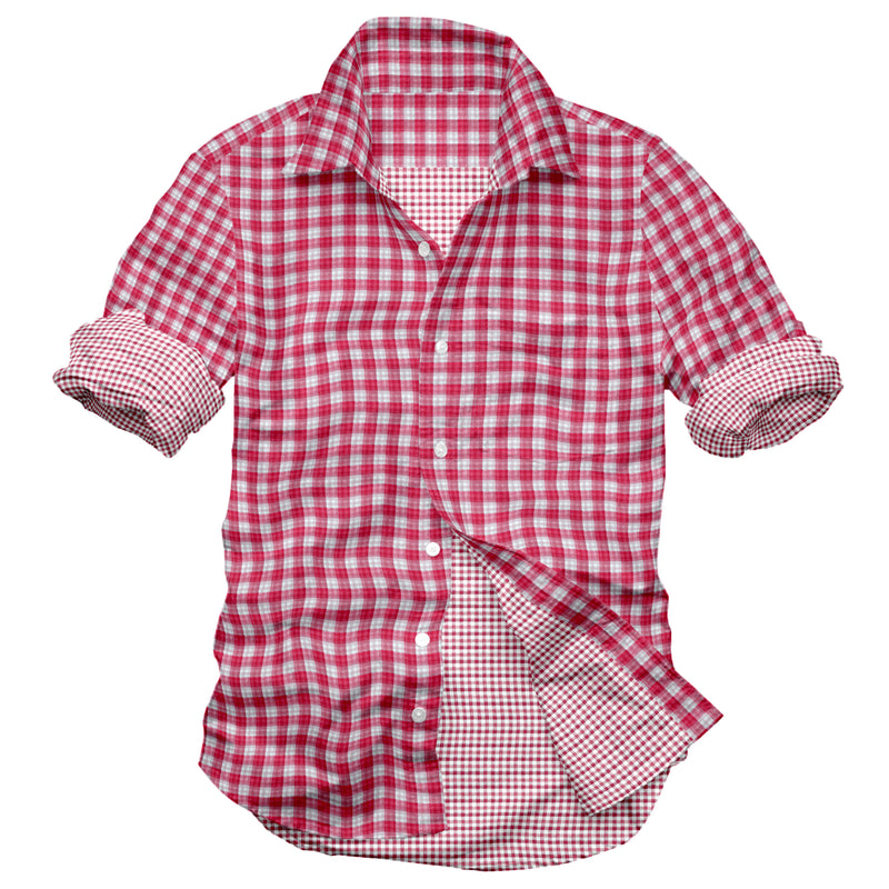 Image of a Red & White Oxford Checks Cotton Linen Blend Shirting Fabric