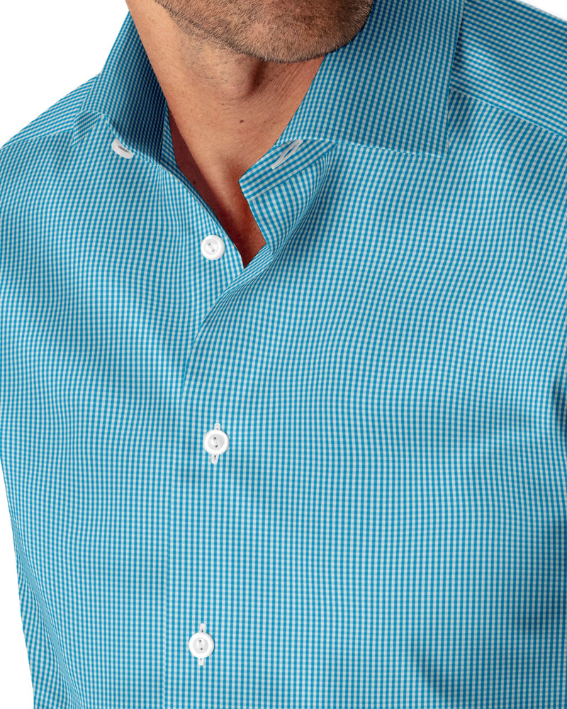Image of a Turquoise Poplin Checks Giza Cotton Shirting Fabric